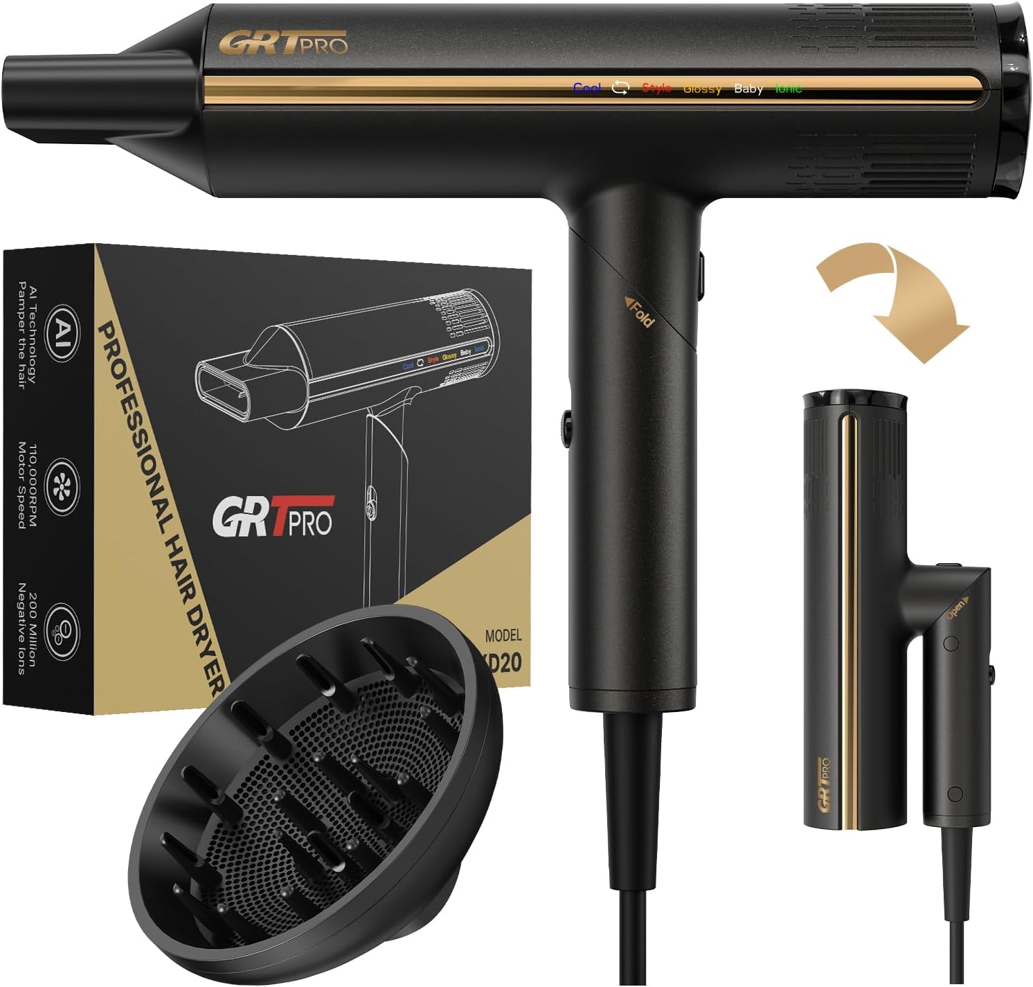 Sèche Cheveux Professionnel - pliable 2200W, ionique, 410g, 4 températures, 3 vitesses, 110000RPM