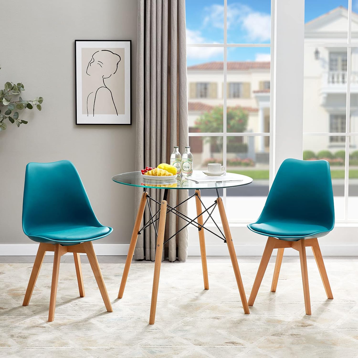 EGGREE - Lot de 8 chaises scandinaves - bois hêtre, rembourrées, turquoise