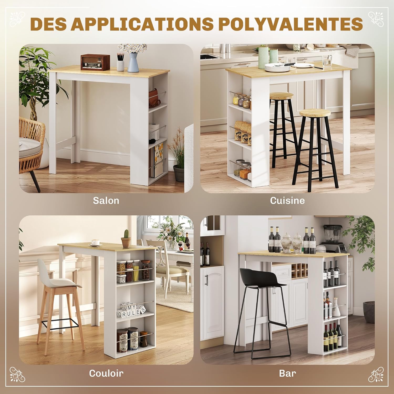 HOMCOM - Table mange-debout, 112x57x106 cm, 3 étagères, chêne clair