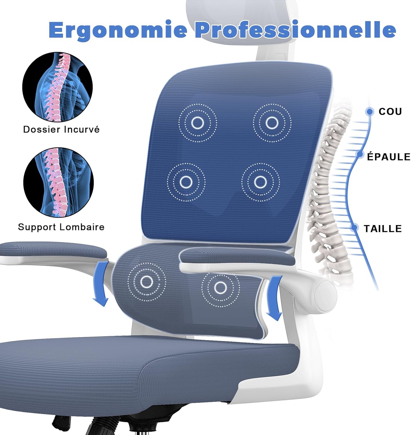Chaise de bureau ergonomique - dossier/appui-tête réglables - support lombaire, accoudoirs réversibles, maille respirant