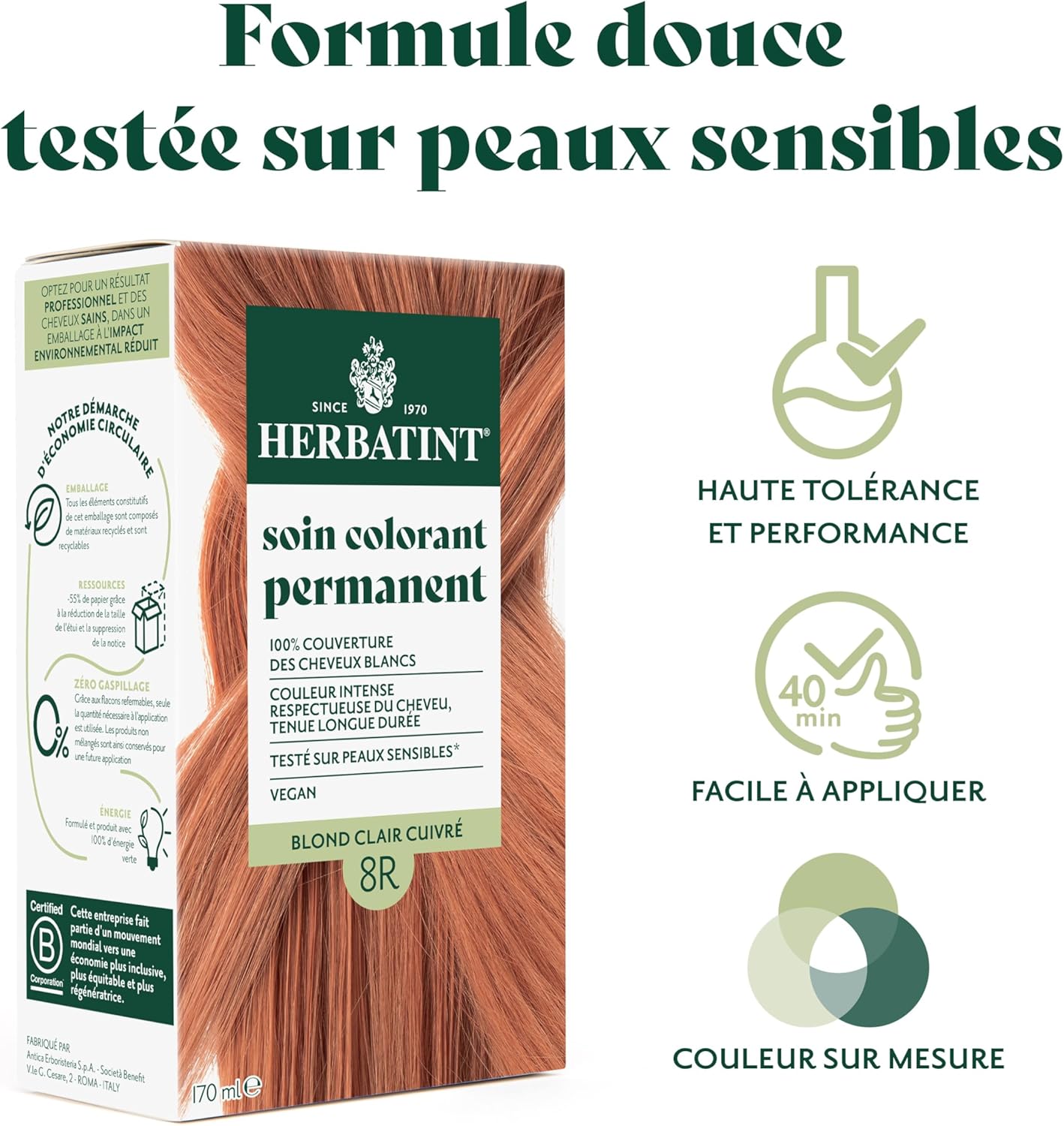Herbatint - Soin colorant cheveux 8R - 170ml - Sans ammoniaque, 100% couvrant, 8 extraits bio