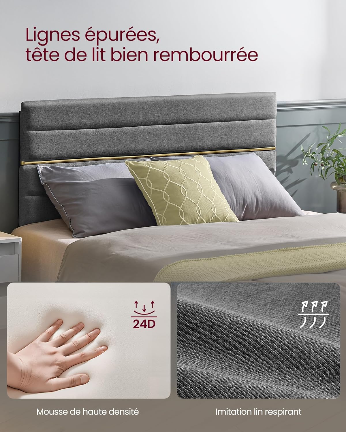 VASAGLE - lit double série RMB503G01 - 140x190 cm - métal, bois massif, tête de lit ajustable, gris ardoise RMB503G01