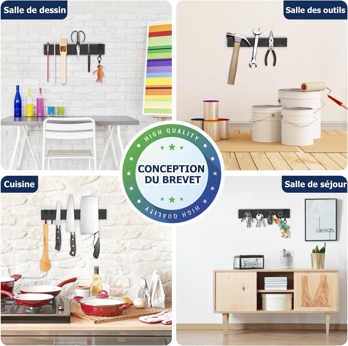 Dmore - Barre magnétique cuisine - 25cm - Puissante, adhésif, vis, 2 crochets