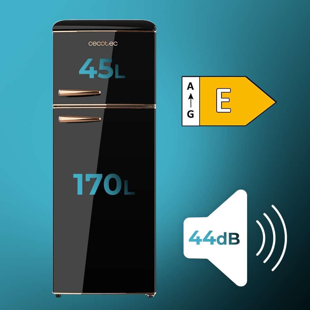 Cecotec - Bolero CoolMarket 2D Origin 215 - 215L, 148x55cm, LED, poignée chromée, étagères verre, noir