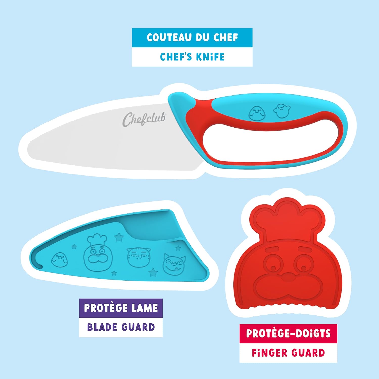 Chefclub Kids - Kit couteau cuisine enfant acier inox, sécurité, bleu/rouge