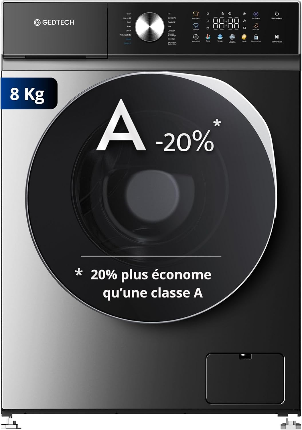 GEDTECH - Lave-linge frontal 8kg, 1400tr/mn, LED, éco, GLLPS81400DG