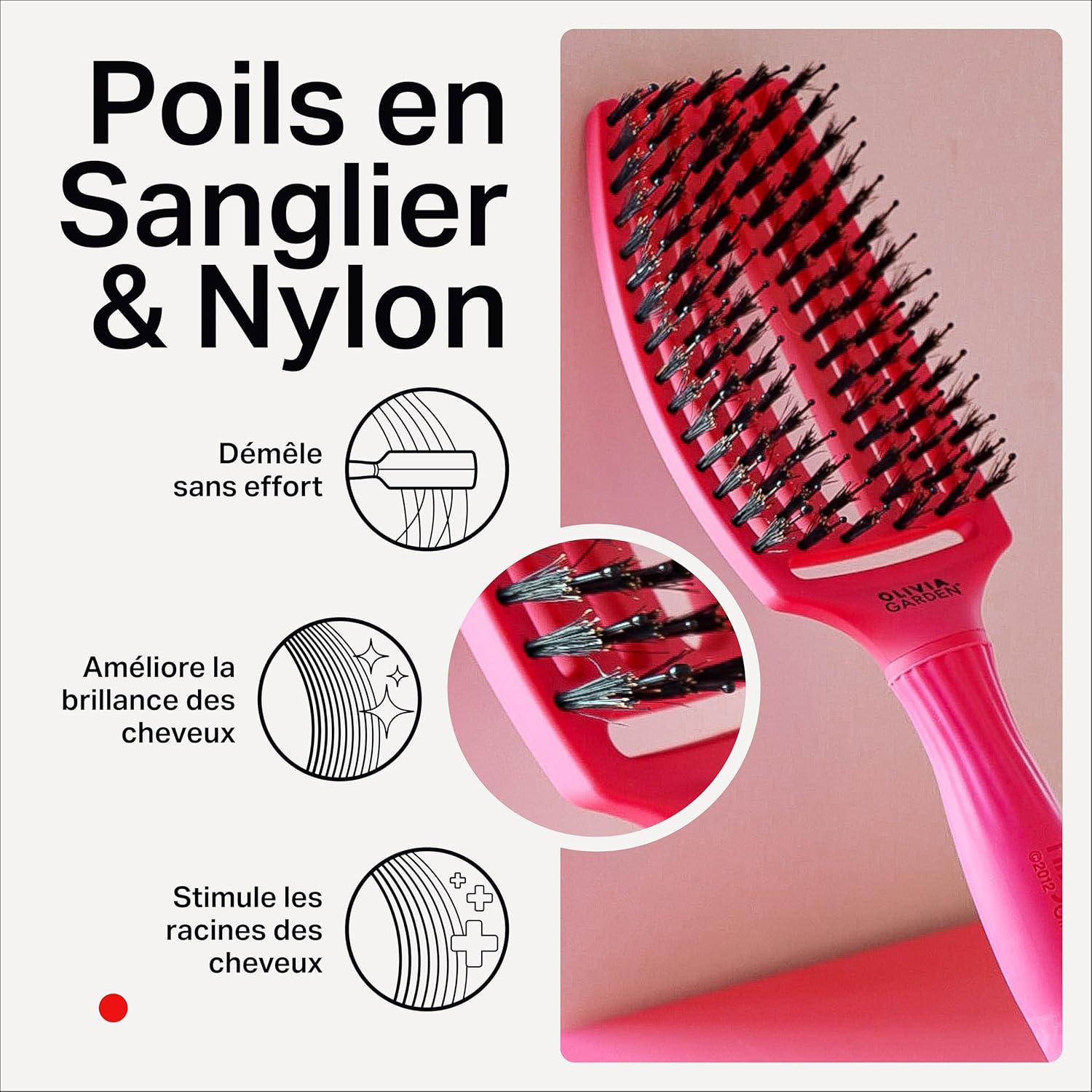 Olivia Garden - Fingerbrush Care Iconic - brosse 22cm - poils nylon & sanglier pour brillance et démêlage