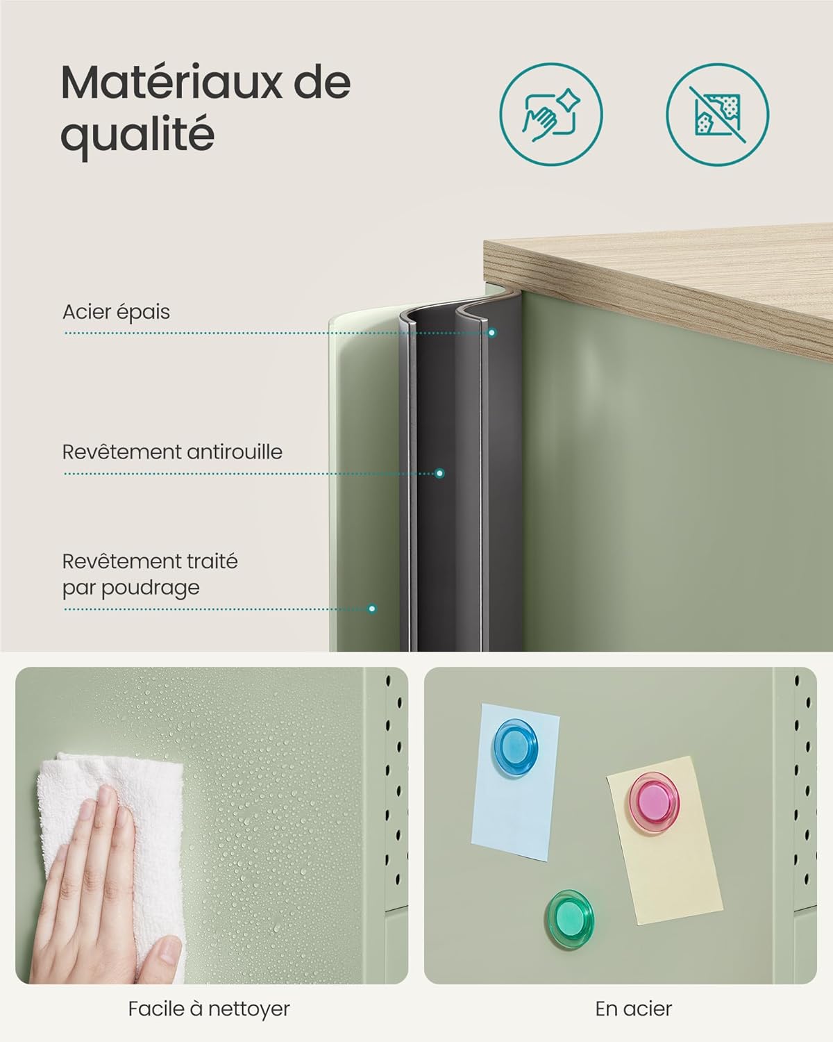 SONGMICS - buffet série métal - 40x80x76 cm - acier, portes magnétiques, vert laurier/chêne naturel LSC102C01