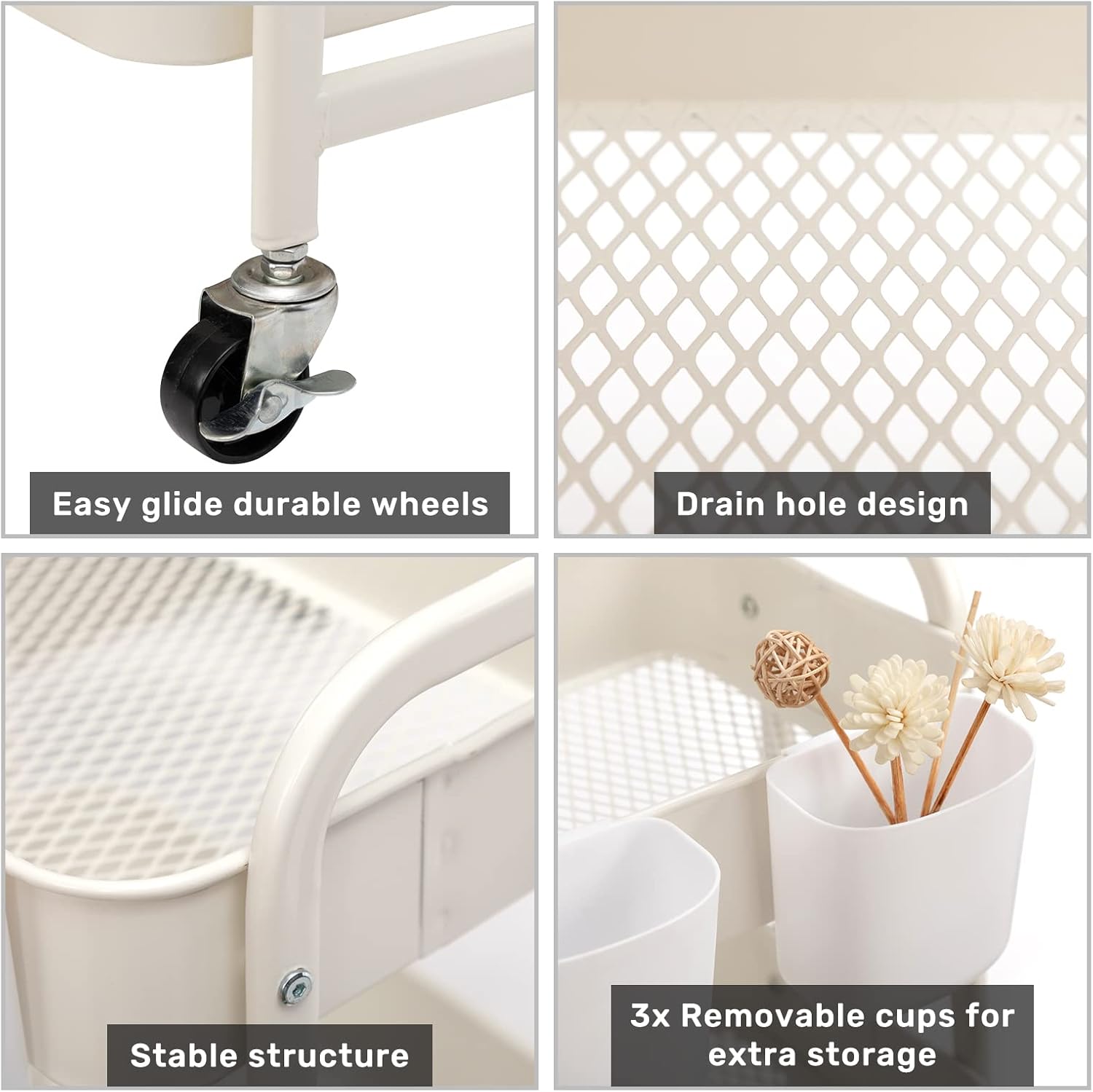 DOEWORKS - Chariot métal 3 niveaux à roulettes, blanc, rangement multiusage