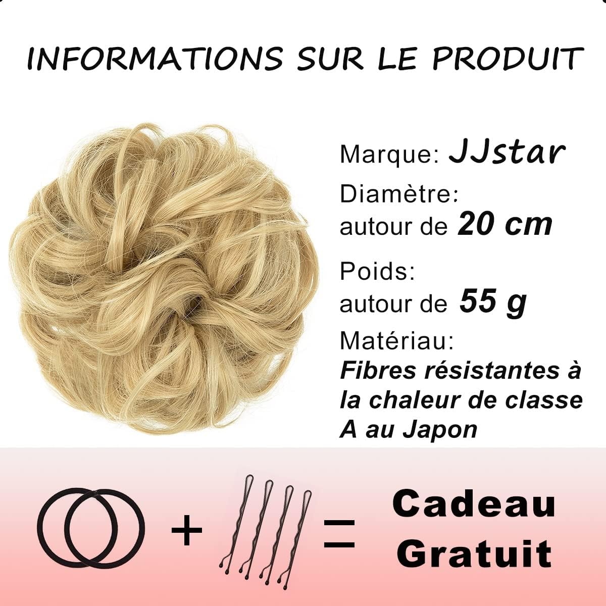 JJstar - chignon postiche bouclé, élastique, cheveux naturels, blond
