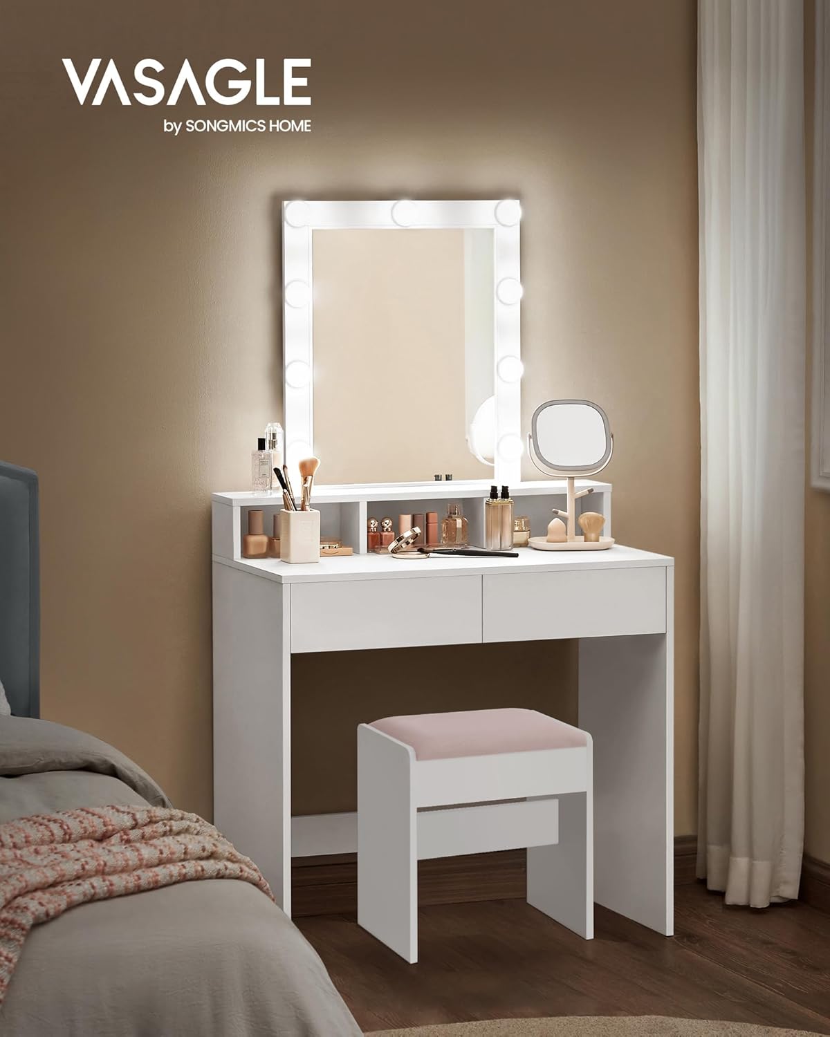 VASAGLE - Kailyn Collection - 80 cm - Coiffeuse miroir lumière, tabouret, rangements, RDT714W01