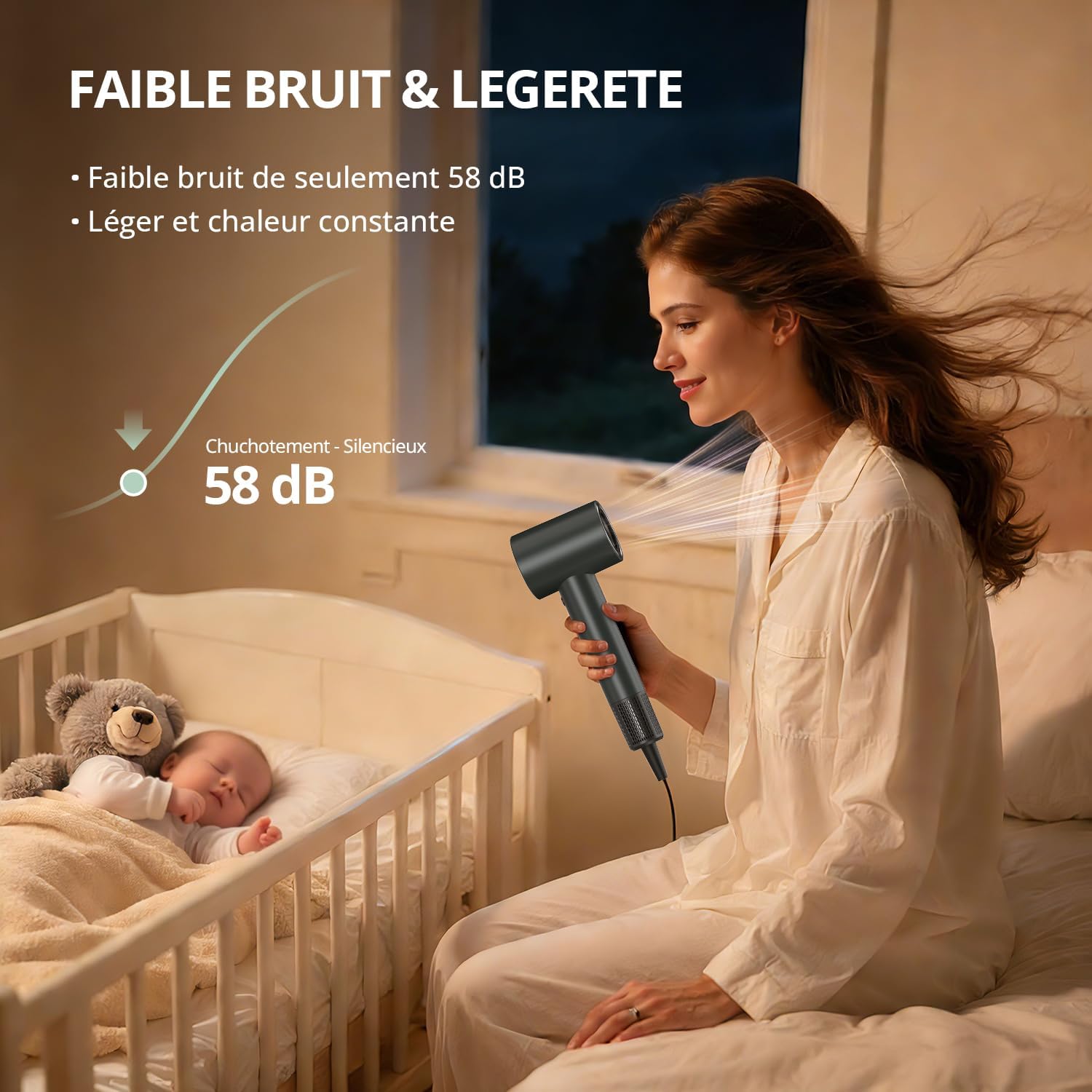 Sèche-cheveux ionique - 180000 tr/min - compact, 4 températures, séchage rapide, protection surchauffe, silencieux