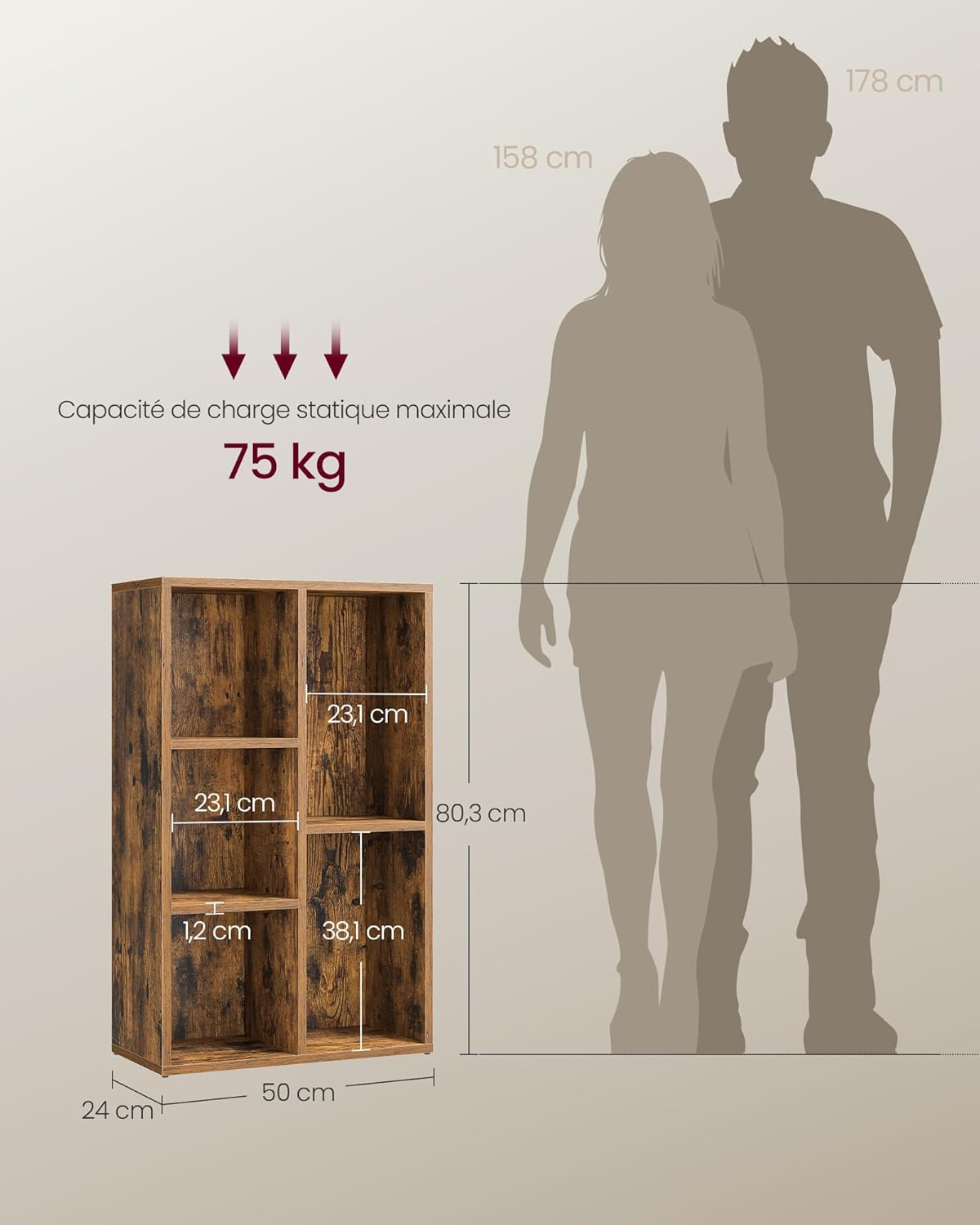 VASAGLE - Étagère cubique 5 cases, bois, rangement salon/bureau, LBC025X01