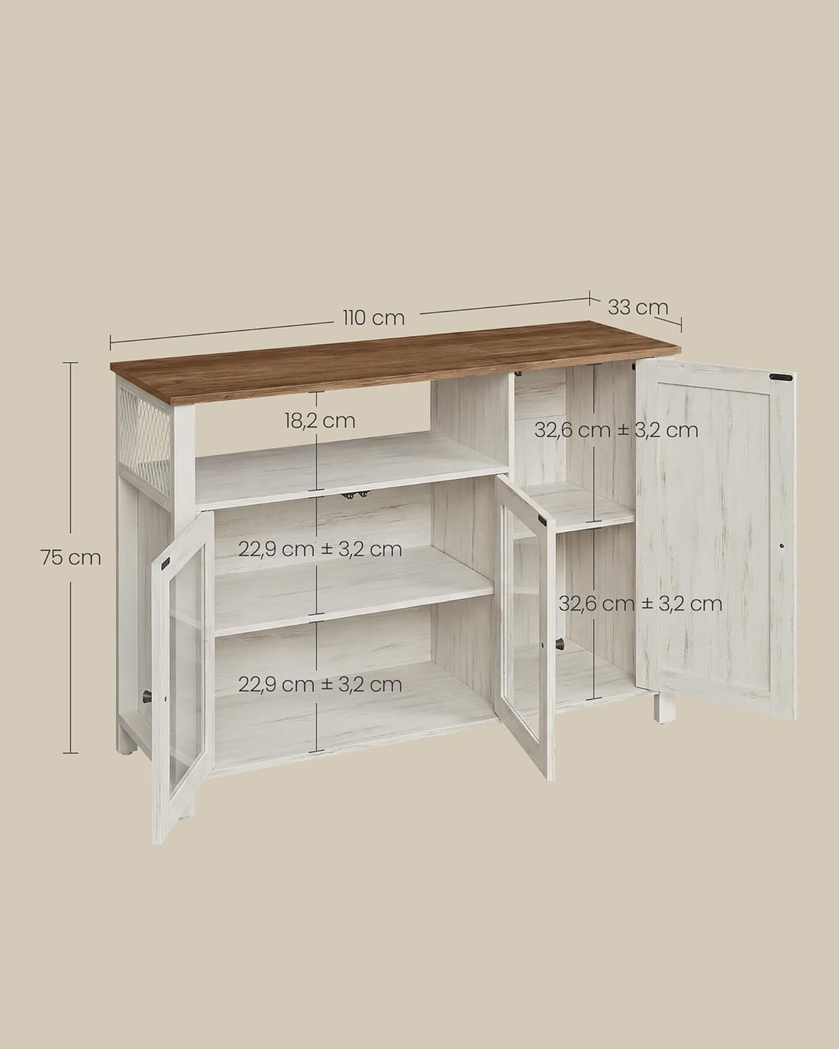 VASAGLE - Buffet série rustique - 33x110x75 cm - 3 portes, marron miel, blanc rustique - LSC096WJ02