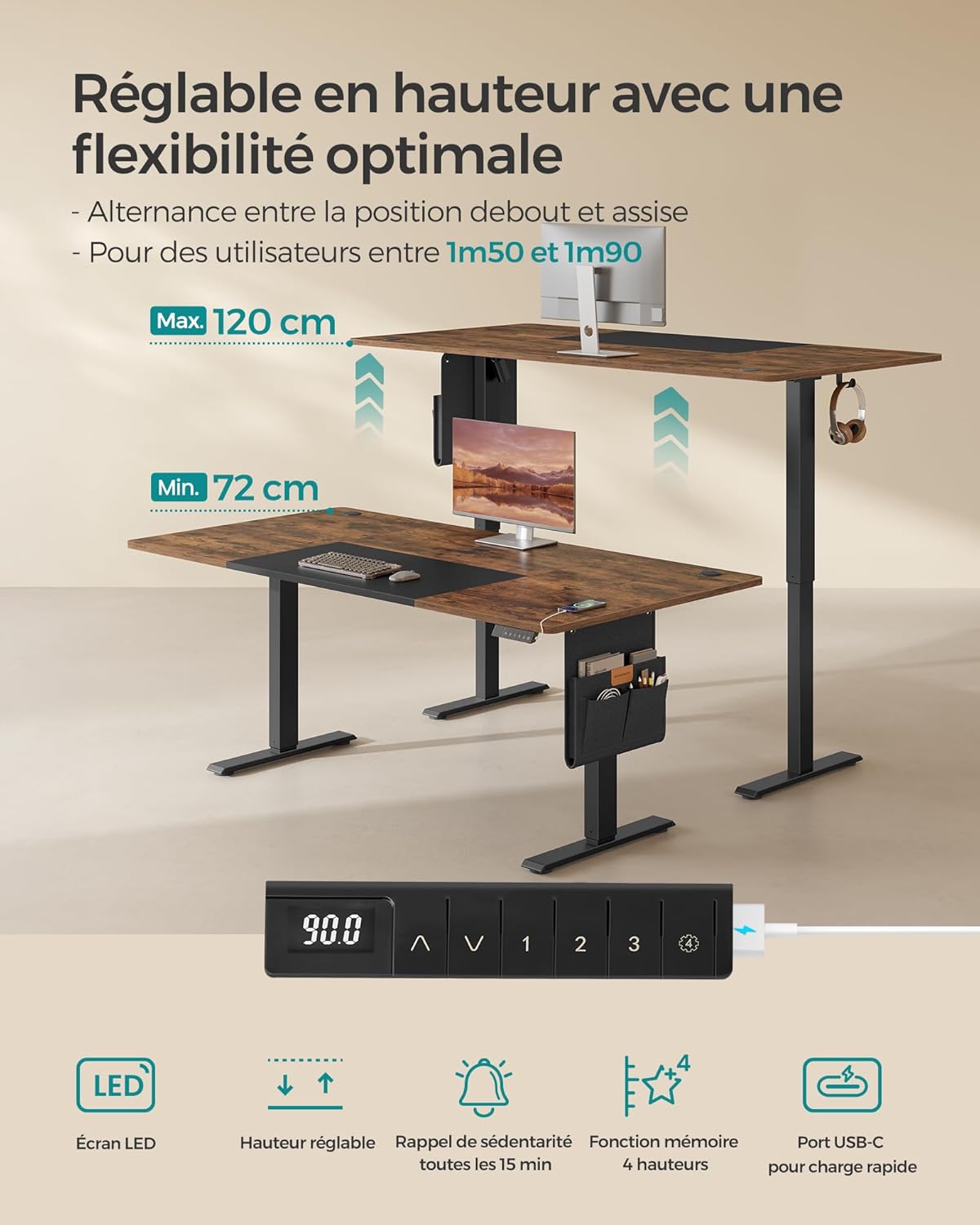 SONGMICS - bureau électrique réglable - 180x80 cm - mémoire 4 hauteurs, port USB-C, assis-debout, marron/noir - LSD028KD