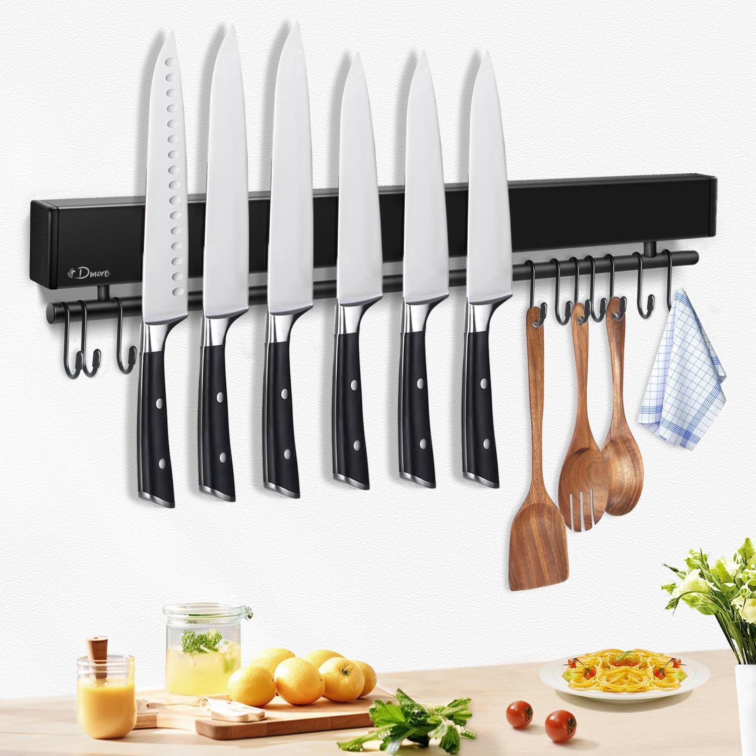 Dmore - barre magnétique avec 10 crochets - 50 cm - support autocollant couteaux noir