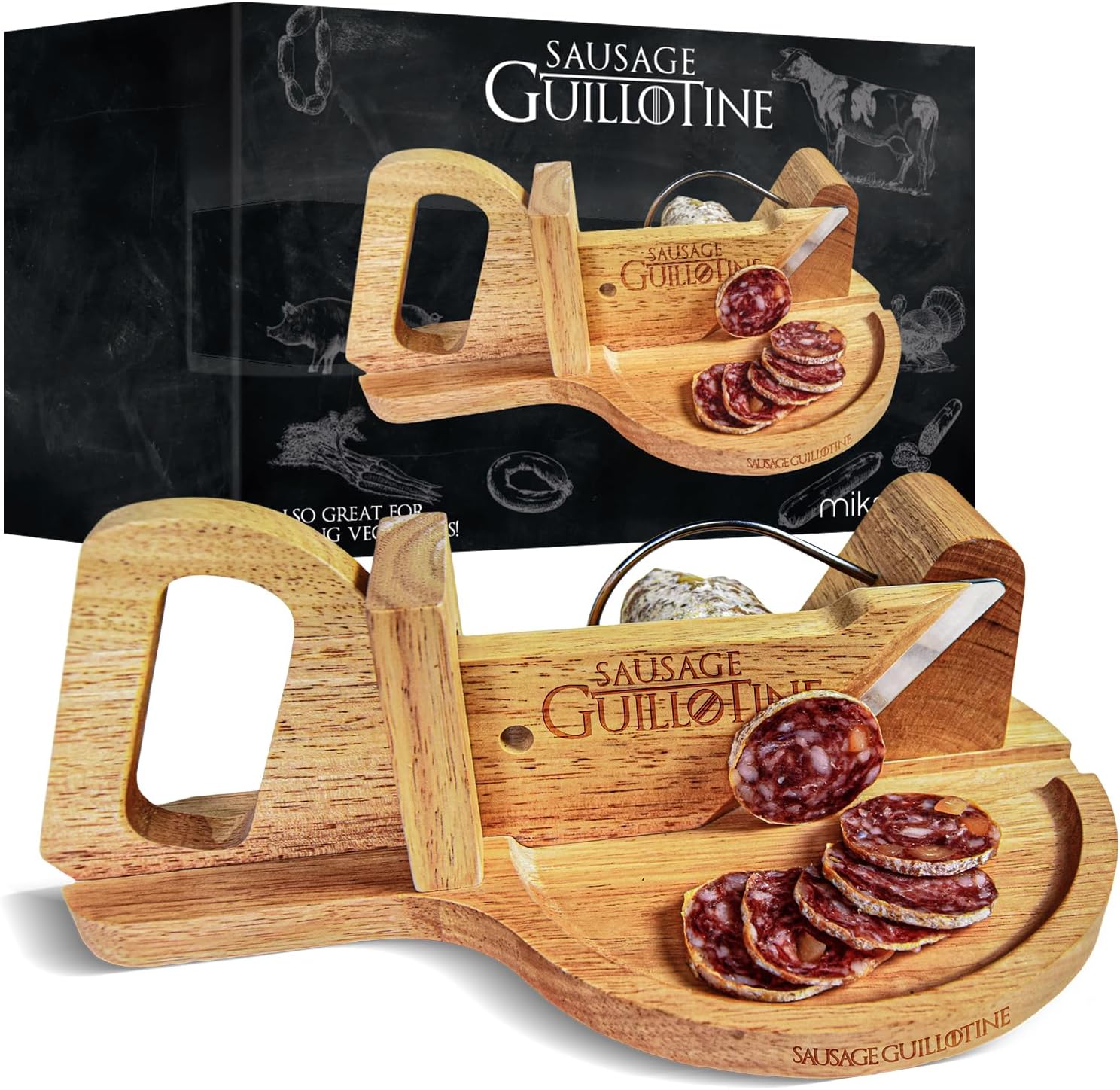 Mikamax - Guillotine à saucisse bois massif - coupe-légumes, tranche-fromage - compacte et robuste