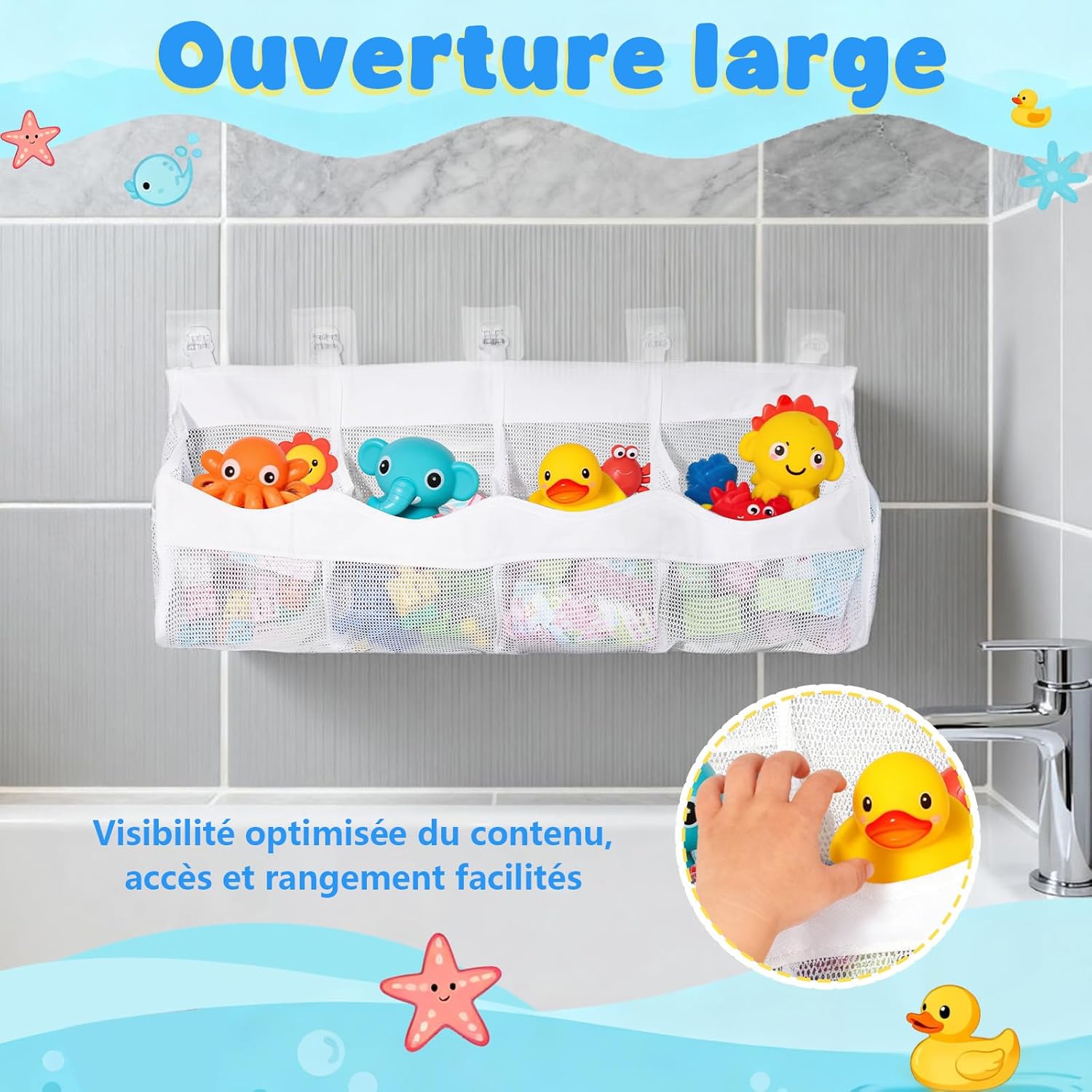 Rangement jouet bain - 4 compartiments filet suspendu - blanc, gain de place