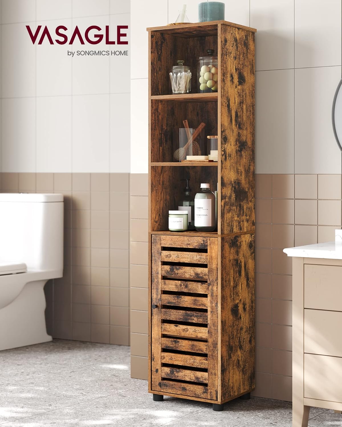 VASAGLE - meuble salle de bain haut, 3 compartiments, étagères réglables, marron rustique, BBK160X01