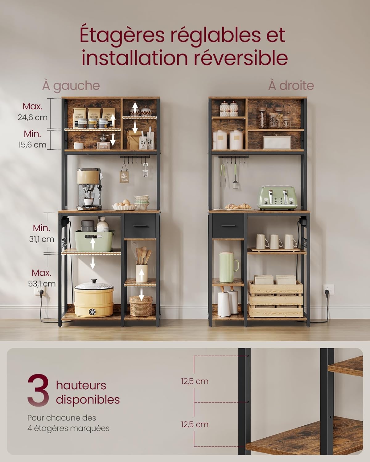 VASAGLE - étagère cuisine série KKS015K03, 40x80x180,4 cm, multiprise, étagères réglables, tiroir tissu