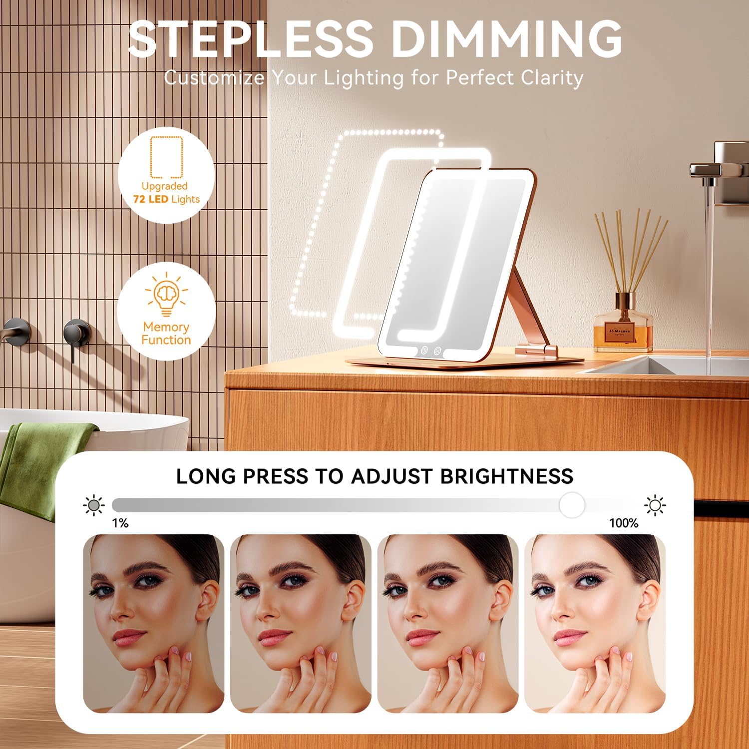 Auxmir - miroir maquillage HD, 72 LED, USB, tactile, or rose