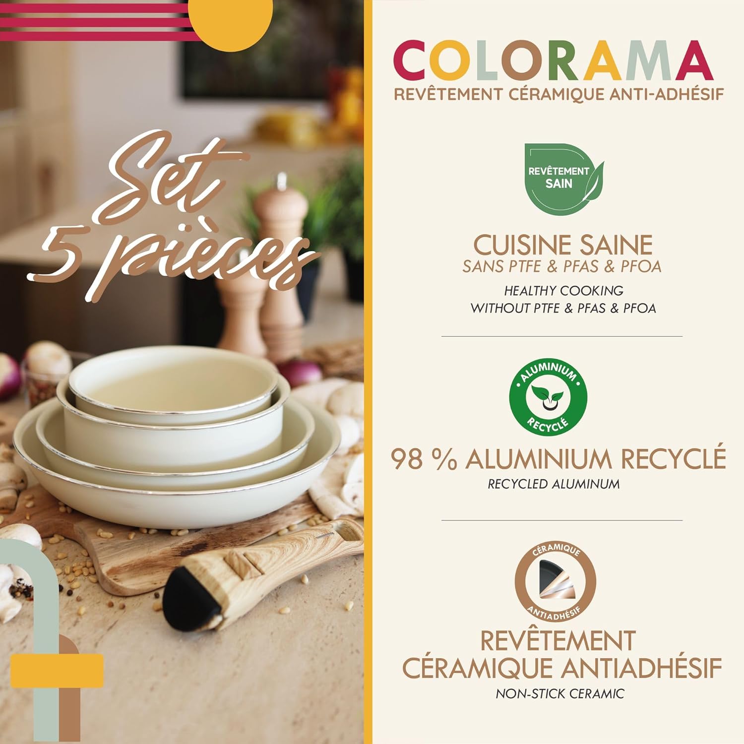 MENASTYL - Colorama - 2 poêles, 2 casseroles, poignée amovible - céramique induction