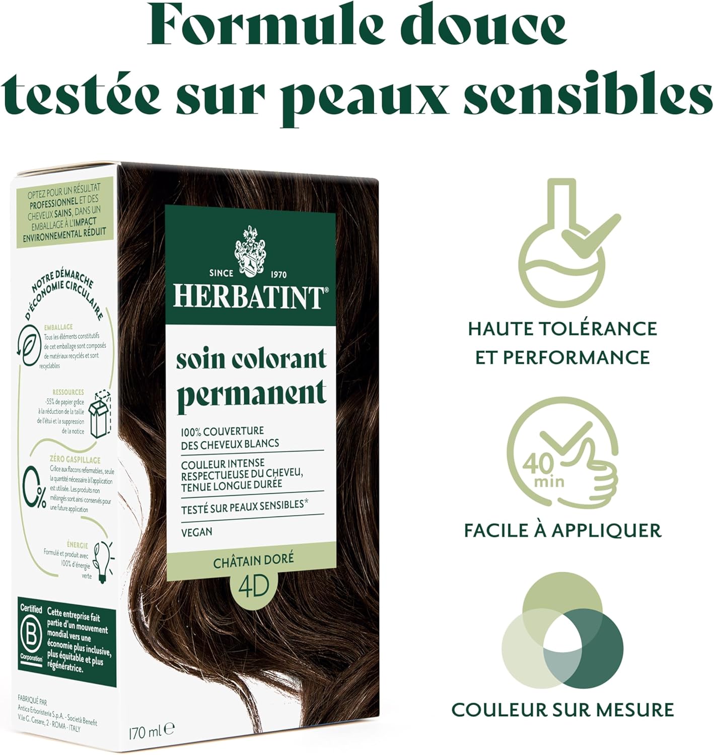 Herbatint - Coloration 4D châtain doré - 170ml - sans ammoniaque, 100% couvrance, extraits bio