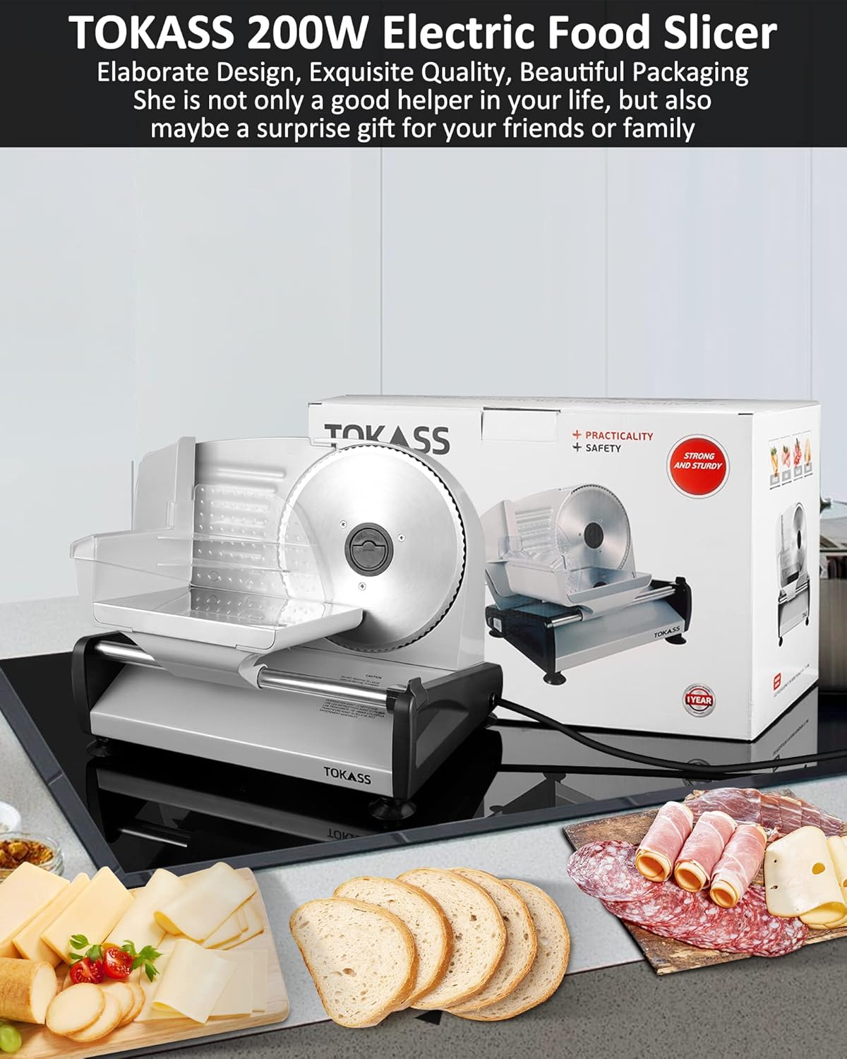 Trancheuse électrique - 200W inox, réglable 0-15mm, 2 lames, argent