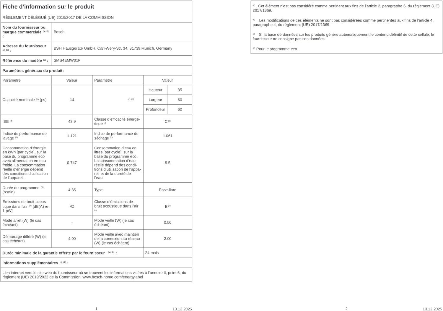 Bosch - Lave-vaisselle Série 4 - 60 cm, pose libre, blanc - SMS4EMW01F