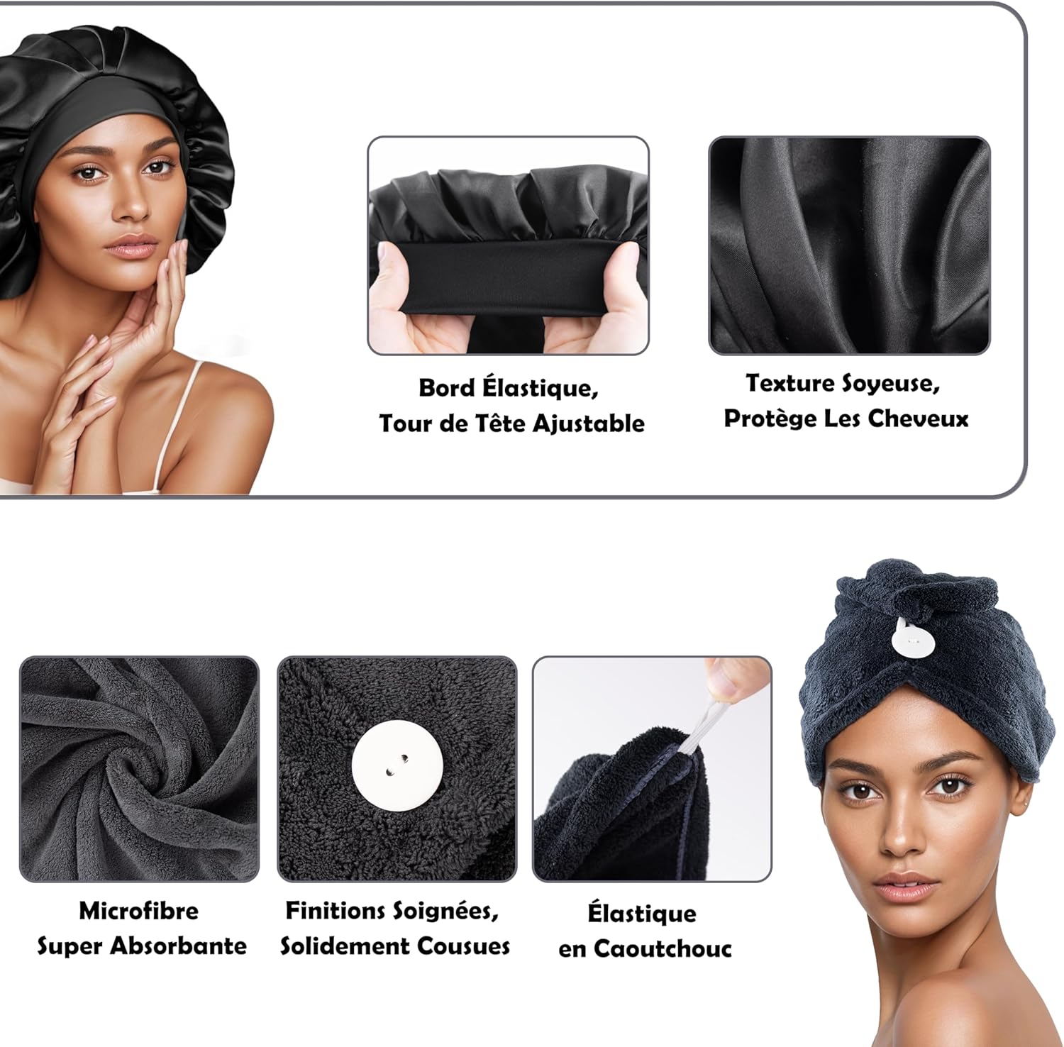 Kit Cheveux Bouclés - ensemble complet - brosse, bonnet satin, accessoires, anti-frisottis, sans chaleur