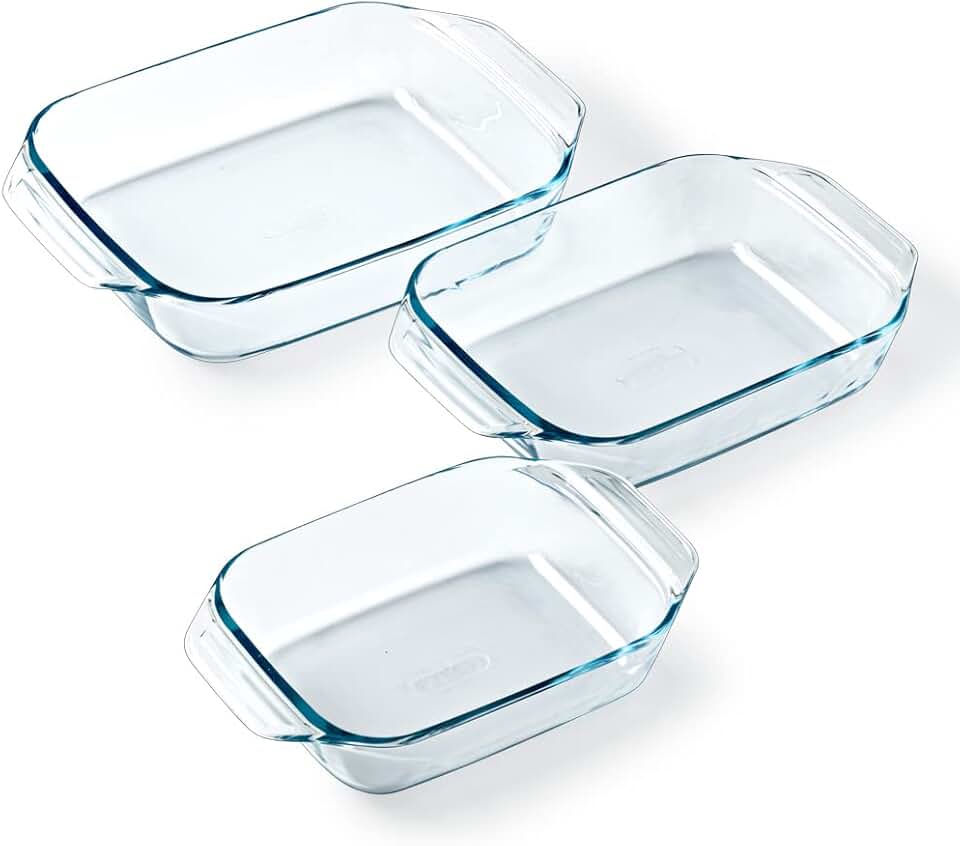 Pyrex - Lot de 3 plats rectangulaires - 3 tailles - verre borosilicate, poignées larges, compatible lave-vaisselle