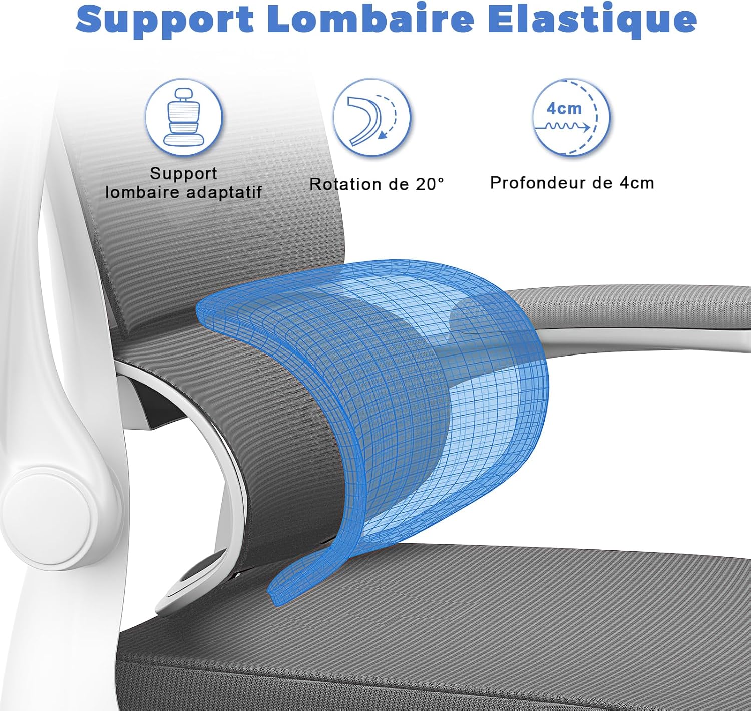 Chaise de bureau ergonomique - support lombaire réglable - appui-tête, accoudoirs réversibles, maille respirante - gris 