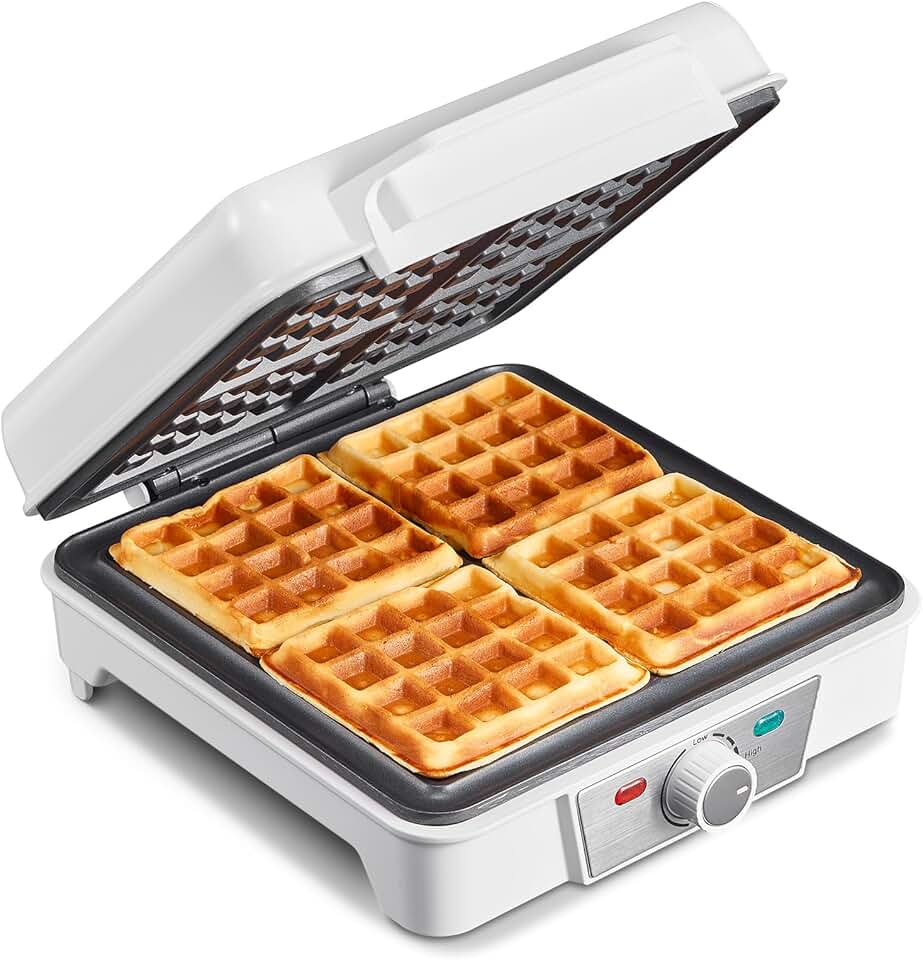 Gaufrier électrique 4 plaques, 1200W, 5 niveaux, antiadhésif, blanc