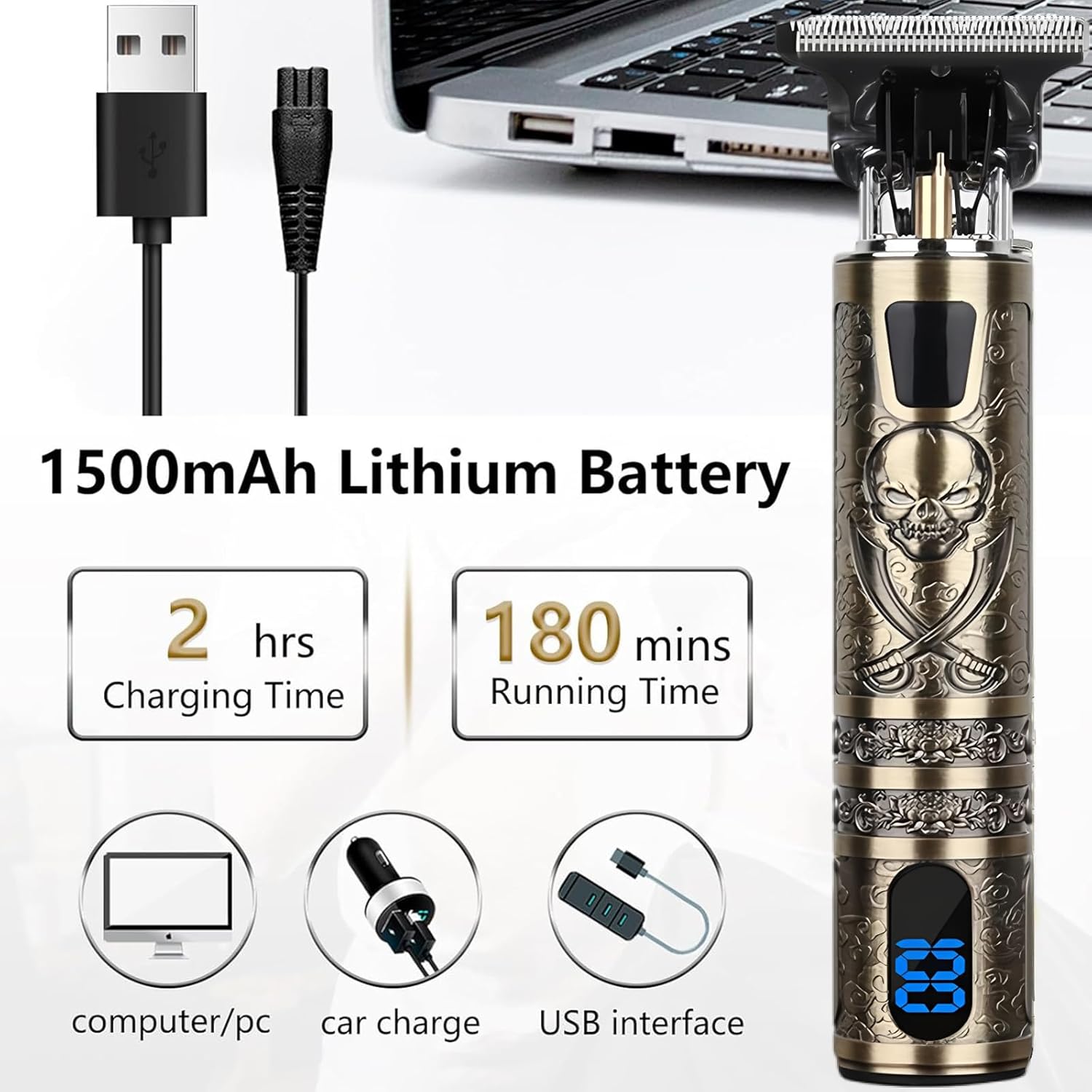 Tondeuse cheveux homme - Lame T zéro écart, IPX7, USB, 4 peignes - coupe précise - pirate