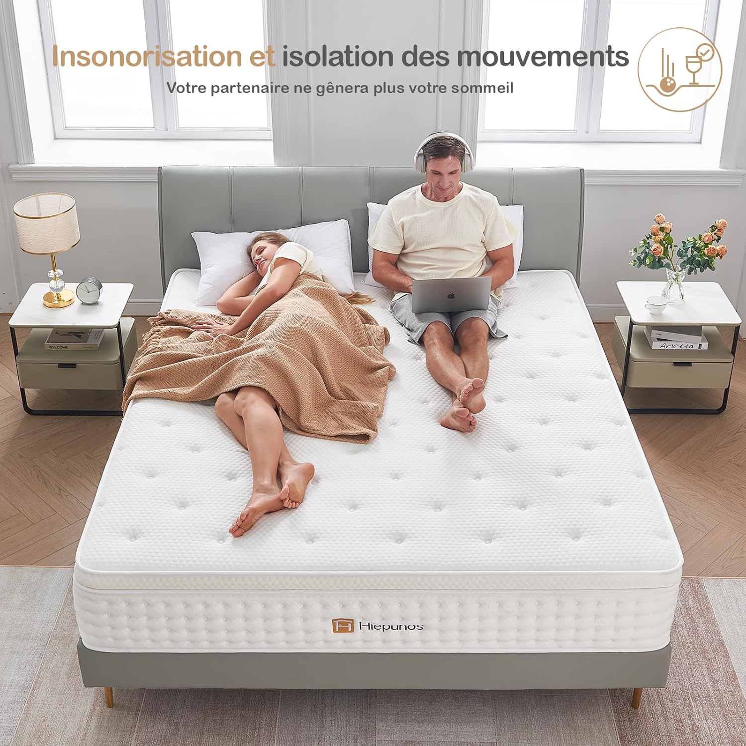 Matelas hybride 140x200 cm, ressorts, mémoire, 7 zones, H3, 26cm
