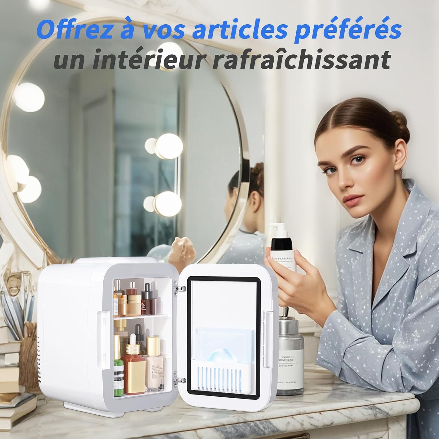 YASHE - Mini frigo chambre 4L, miroir LED, chauffe/refroidit, portable