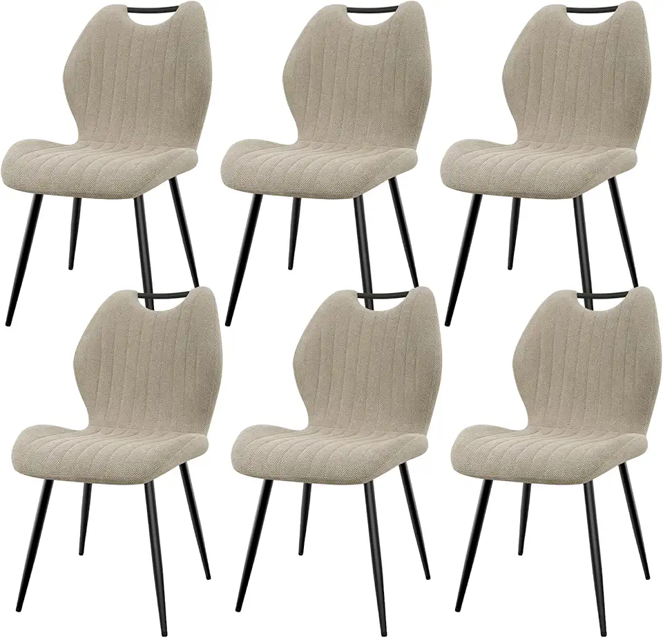 Chaises de salle à manger - Lot de 6 - tissu gris brun, pieds métal, dossier confortable