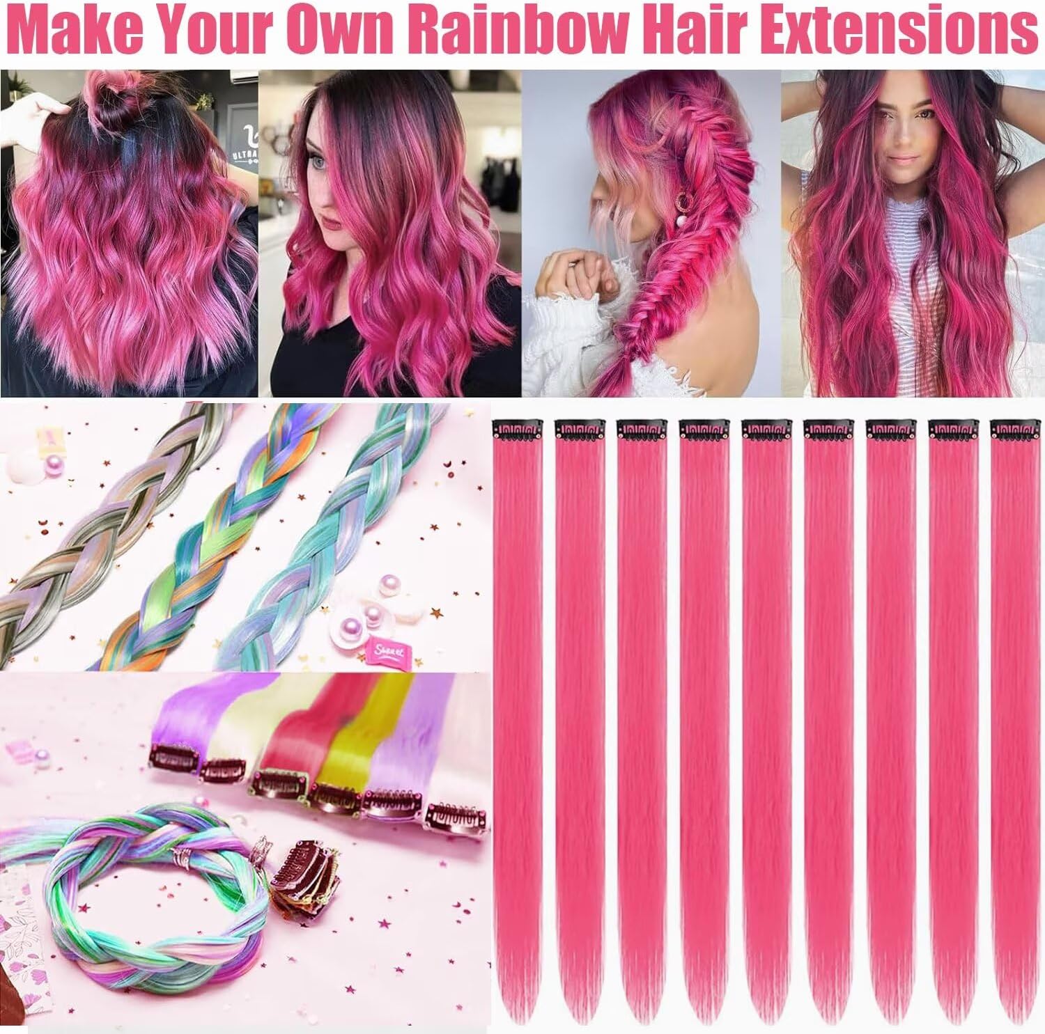 Extensions cheveux - mèches rose pêche - 55 cm - pack de 12, tressage