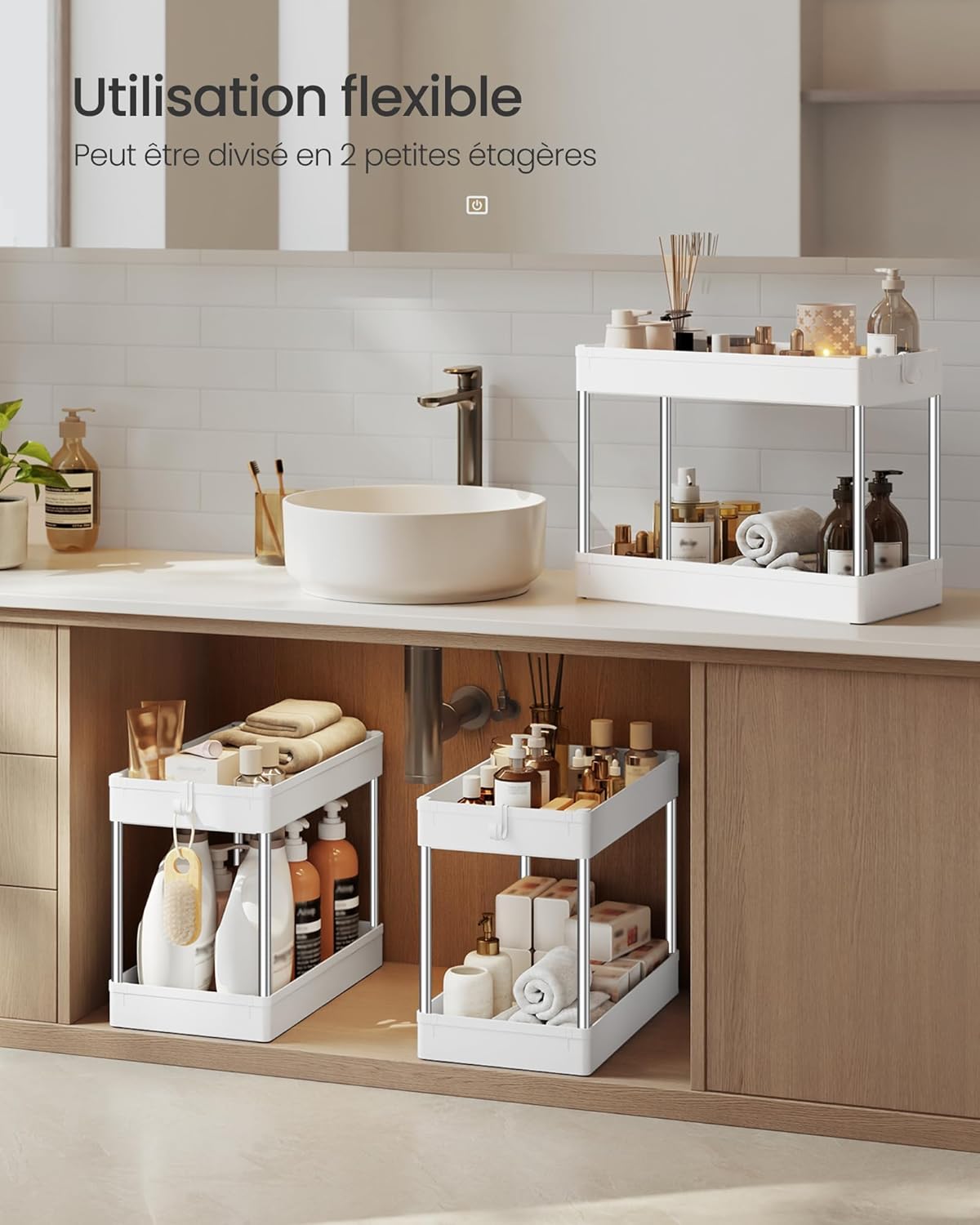 SONGMICS - Chariot de cuisine 3 niveaux, 23,6x42x60,6 cm, acier blanc, KSC009W01