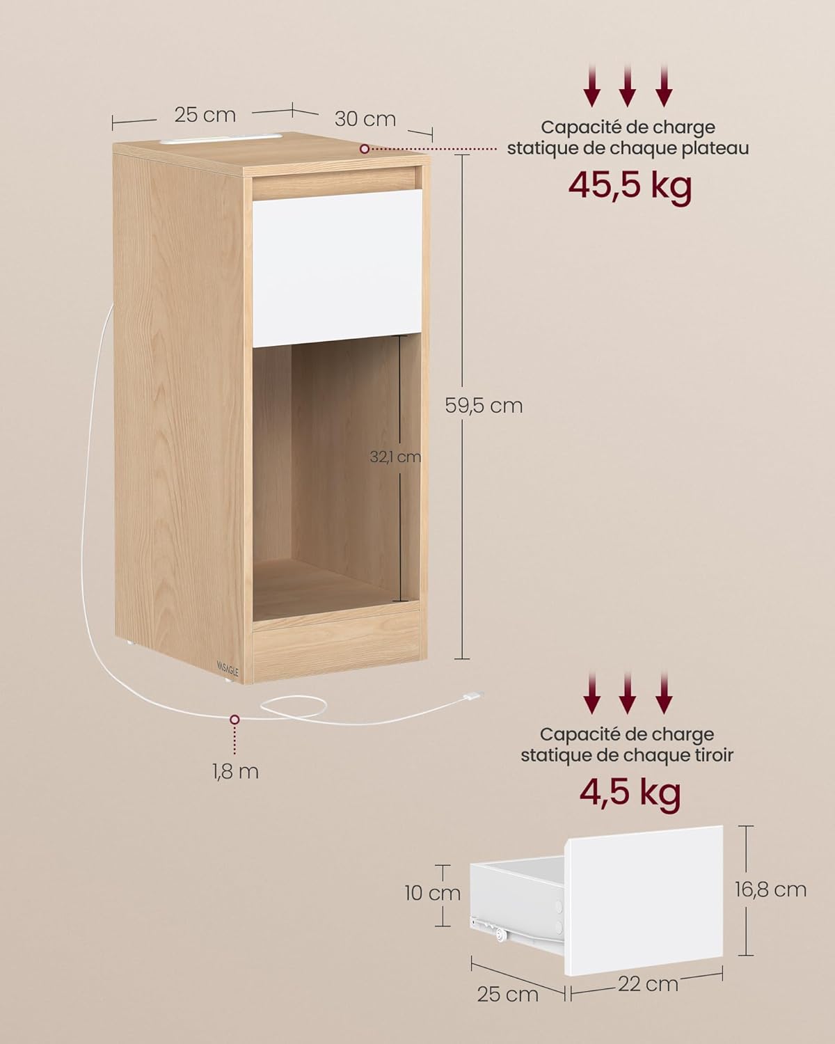VASAGLE - table de chevet lot de 2 - rangement LED USB - LET710Y01
