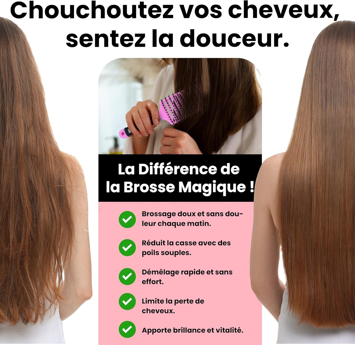 Brosse à Cheveux - démêlante, poils sanglier/nylon, anti-casse, multi-types