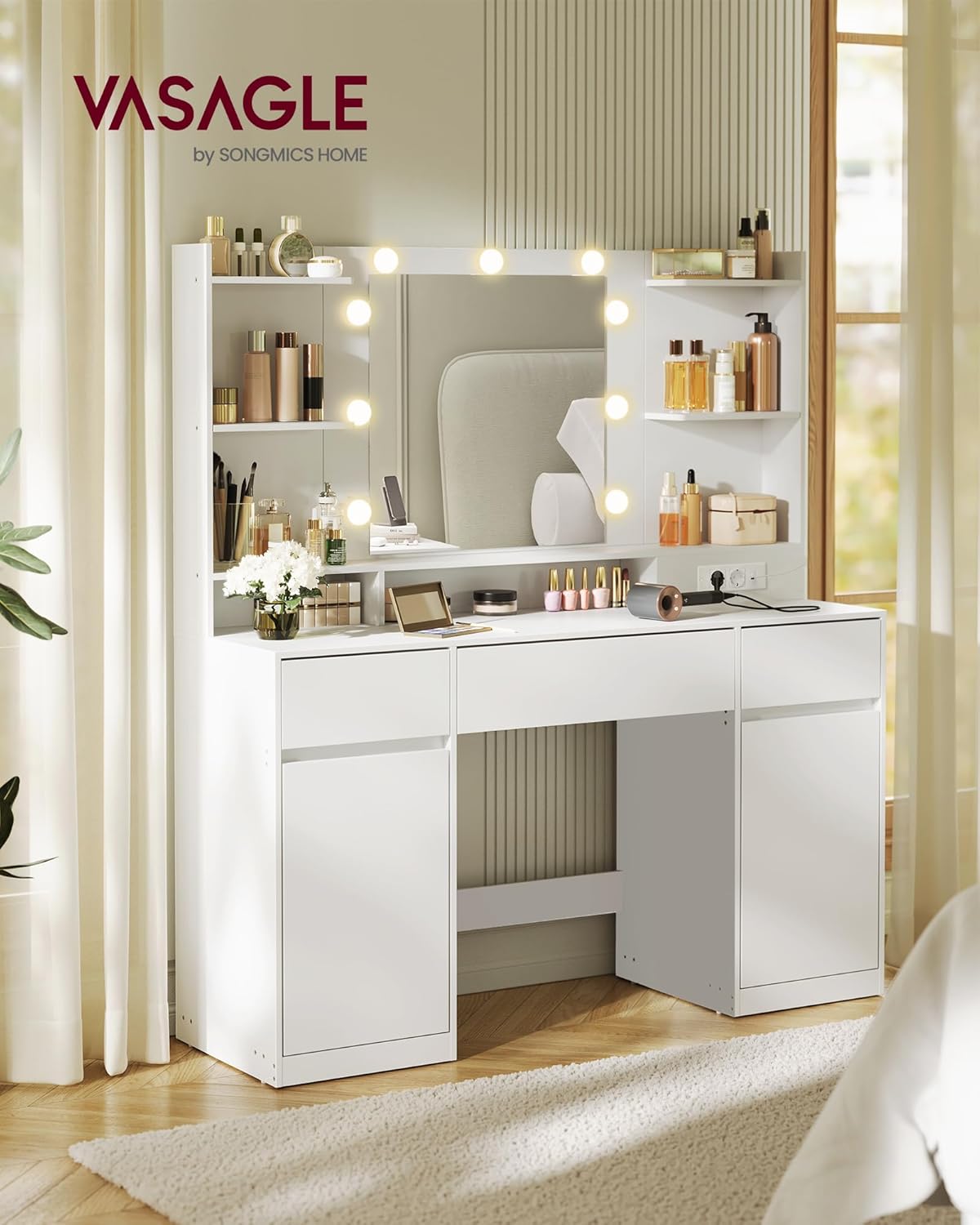 VASAGLE - Kailyn Collection coiffeuse, blanc, LED, rangements, RDT142WB02