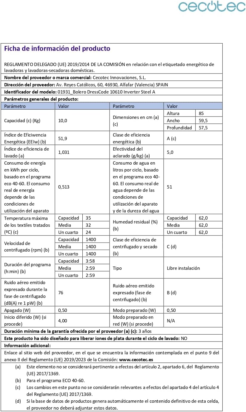 Cecotec - Bolero DressCode 10610 - 10kg, 1400rpm, inverter, anti-bactérien, 15 programmes, 10610