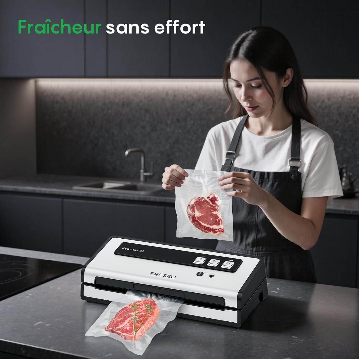 FRESKO - Machine sous vide série automatique - 140W - double thermoscellage, mode humide/sec, verrouillage automatique