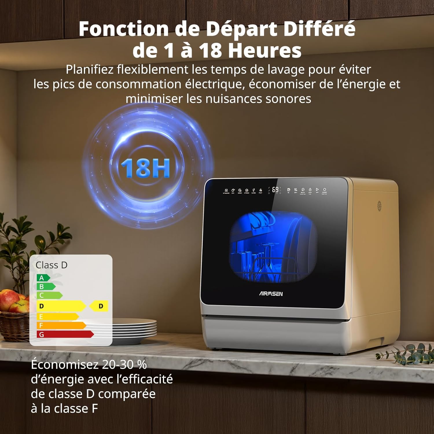 AIRMSEN - Mini lave-vaisselle de table - 5L - 8 programmes, départ différé, sécurité enfant