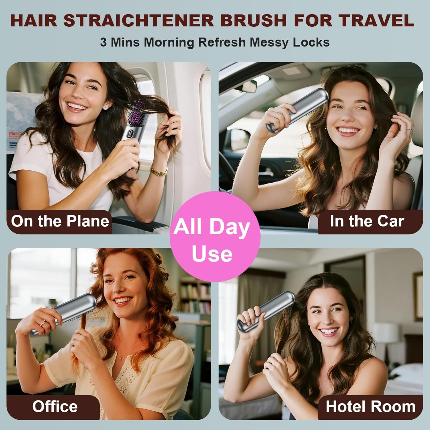 Brosse lissante portable USB, 9600mAh, ion négatif, chauffante, gris