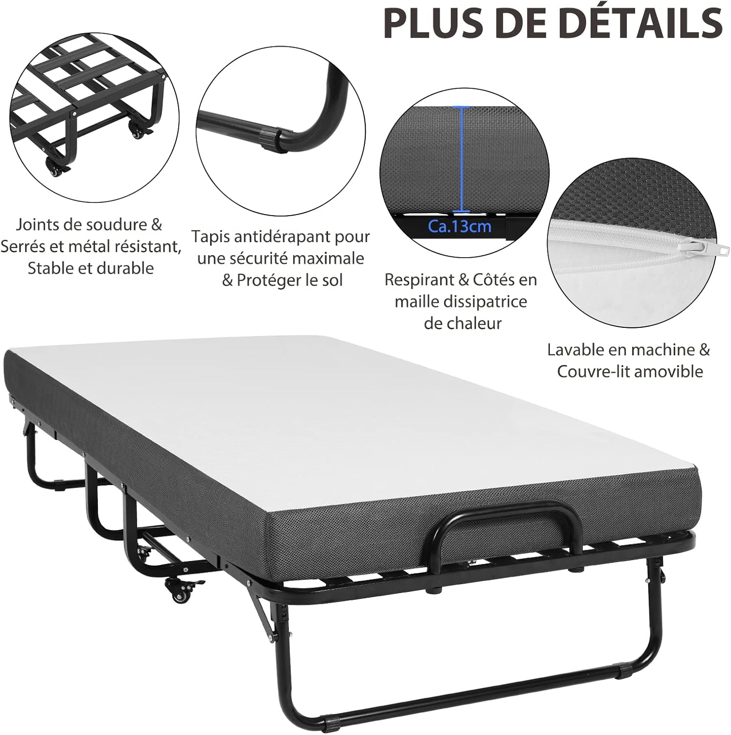 DICTAC - lit pliant adulte 90x200 cm, mousse mémoire, facile à assembler