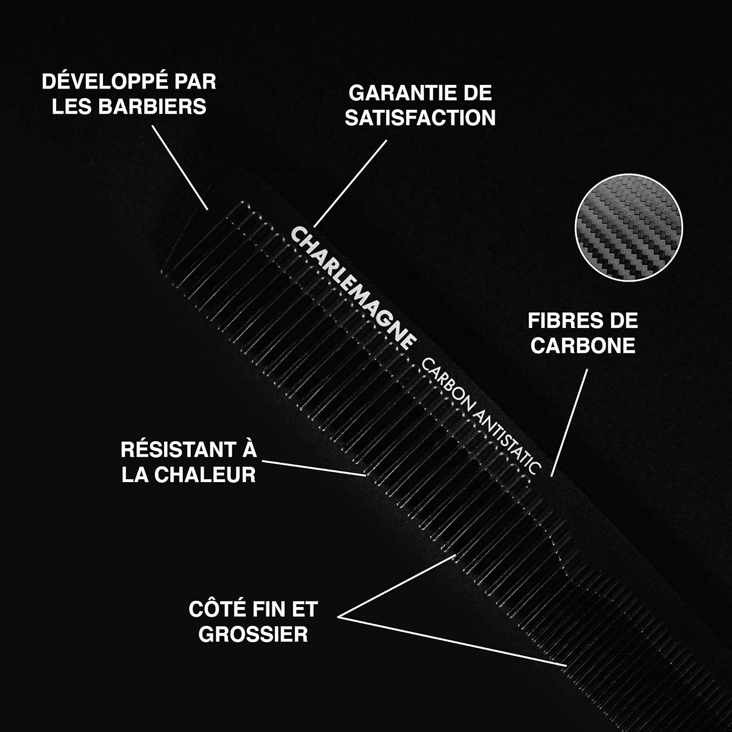 Peigne cheveux - carbone incassable double face antistatique, coiffage homme/femme, qualité premium