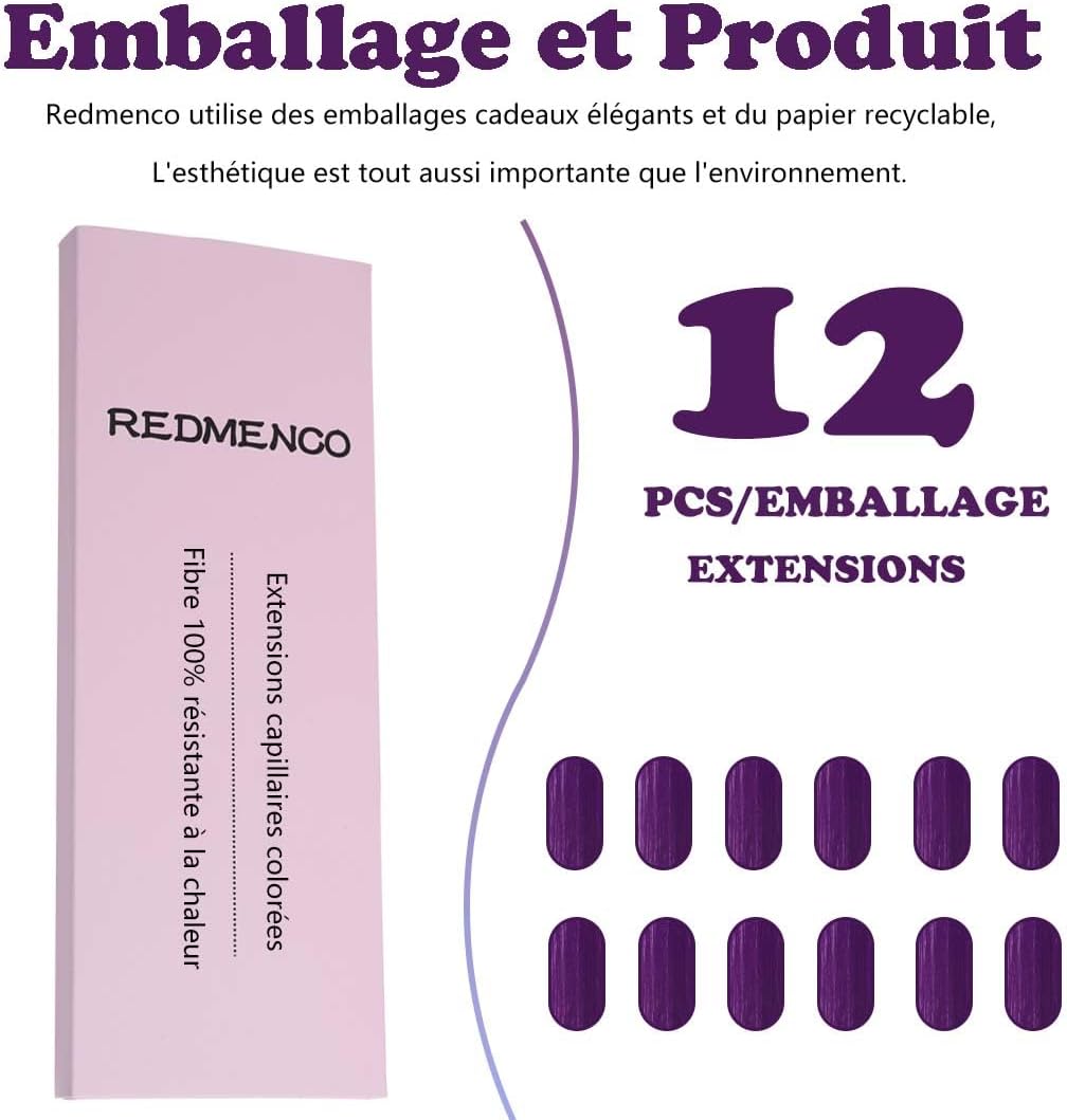 Extensions de cheveux - mèches colorées, 12 pièces, clips, Pourpre