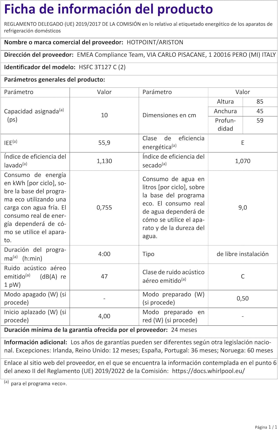 Hotpoint - Lave-vaisselle compact 45 cm, 10 couverts, A++, tactile - HSFC 3T127 C